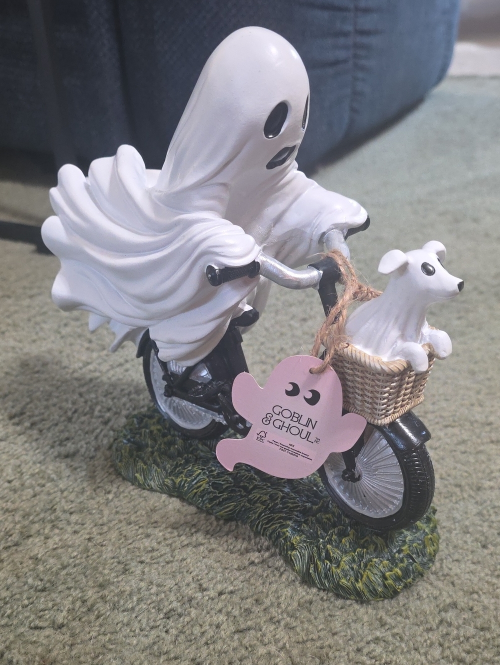 Nwt Goblin & Ghoul White Ghost on Black Bicycle with Dog Figurine